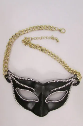 Gold Metal Chain Black Venetian Face Mask Big Pendant Necklace