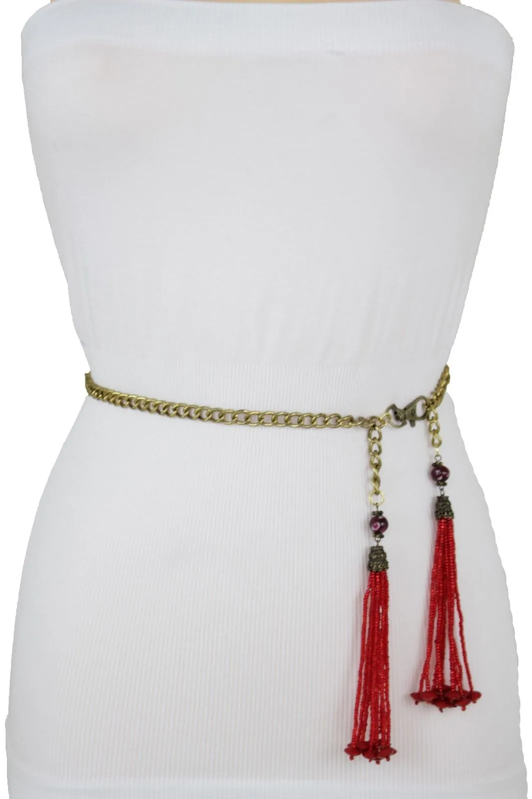 Gold Metal Chain Skinny Belt with Beaded Tassels