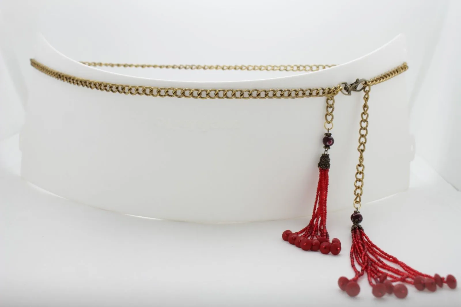 Gold Metal Chain Skinny Belt with Beaded Tassels
