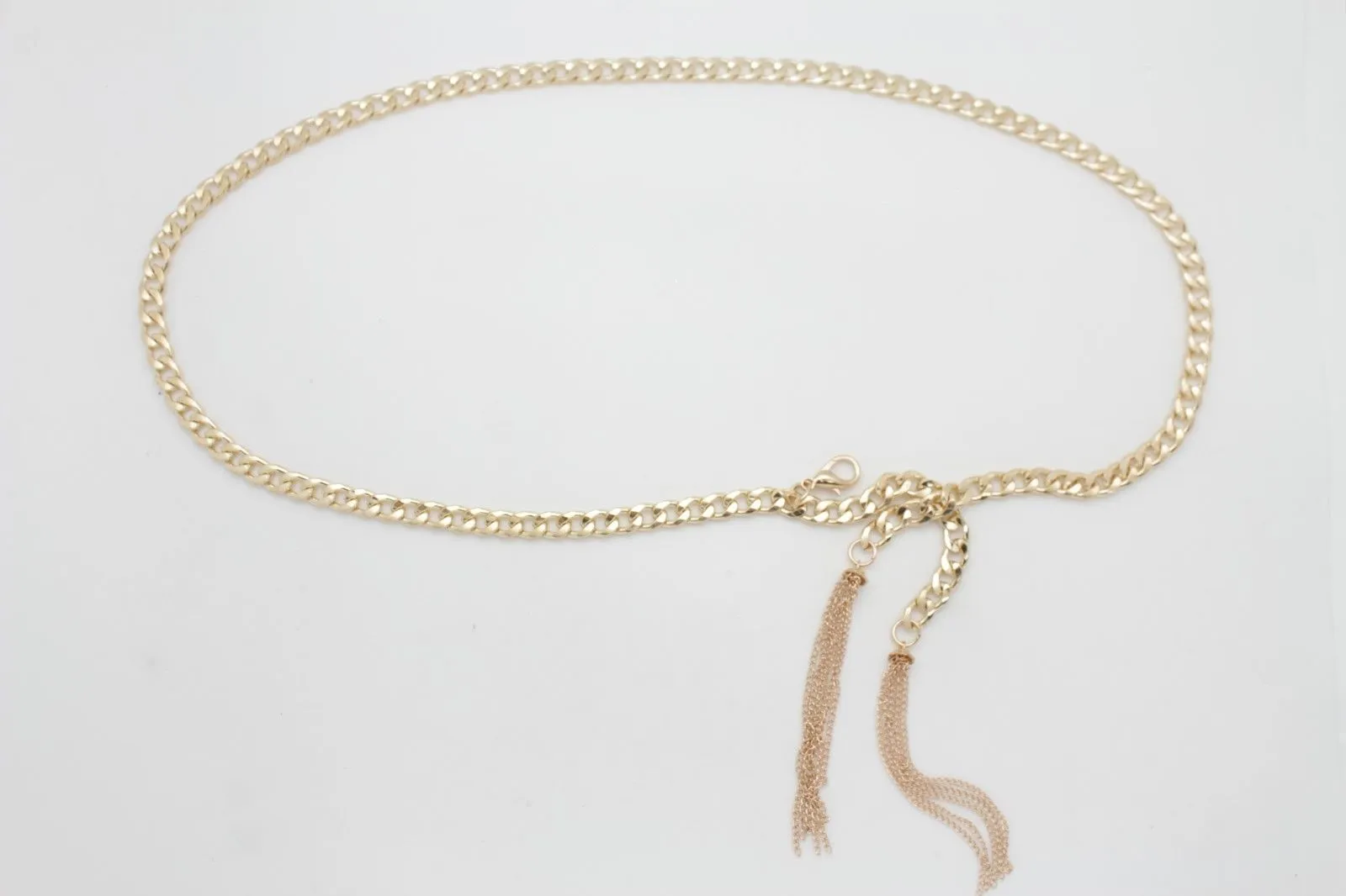 Gold Metal Chain Skinny Belt with Beaded Tassels
