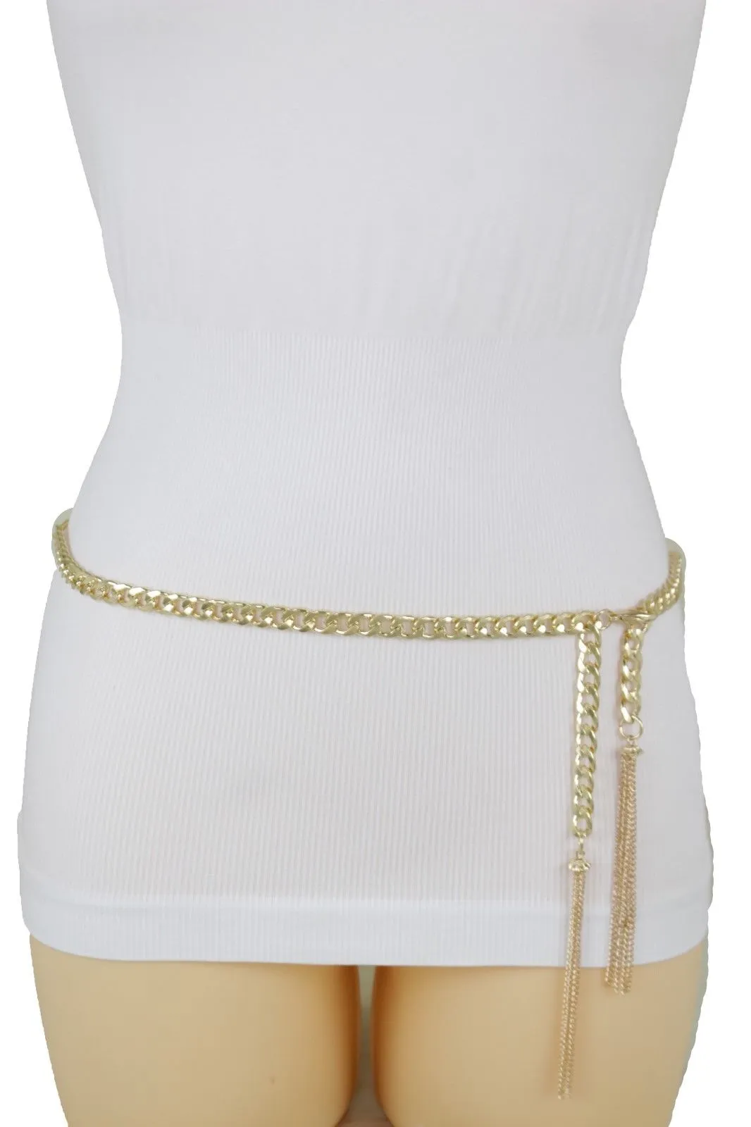 Gold Metal Chain Skinny Belt with Beaded Tassels