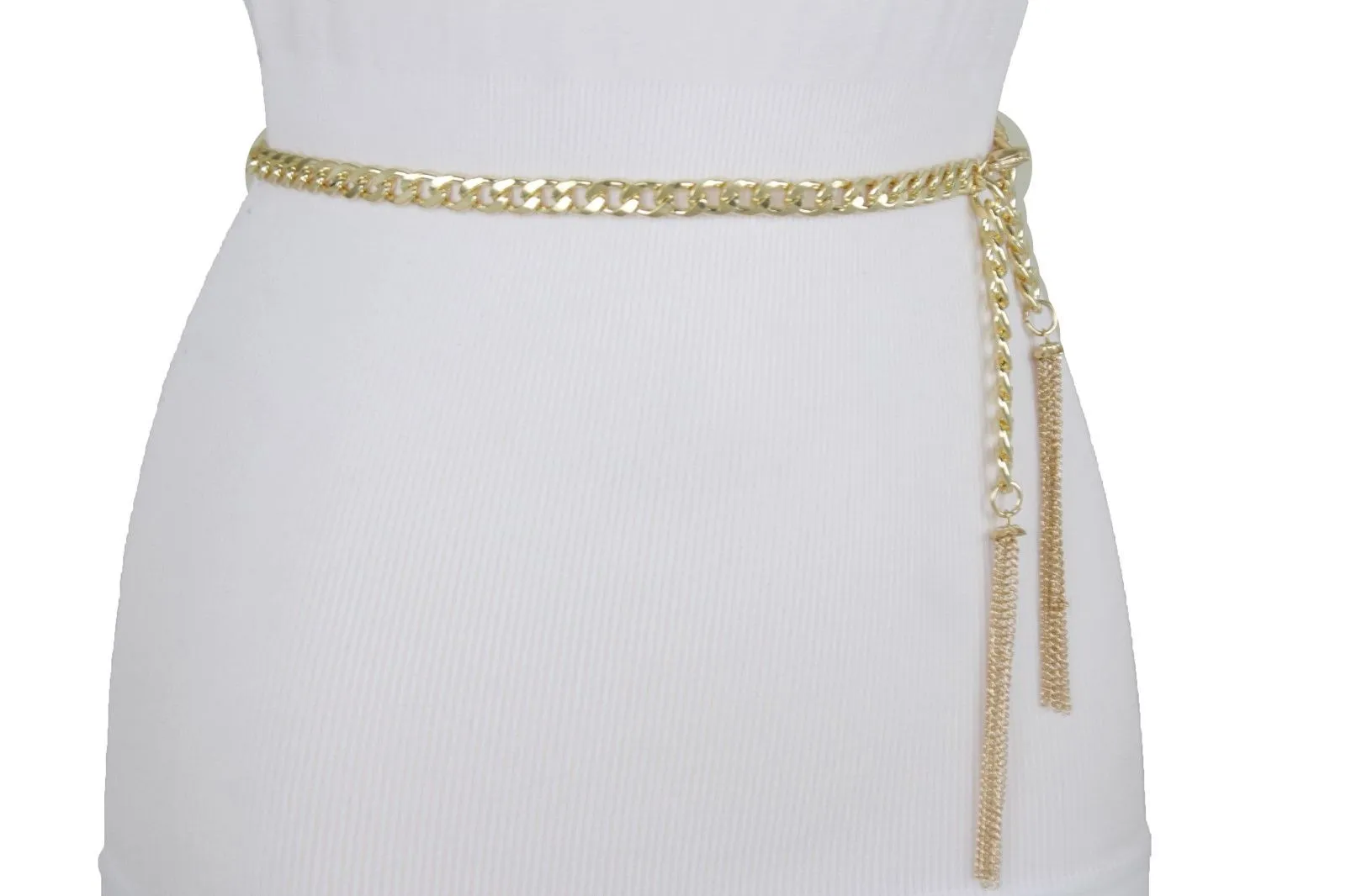 Gold Metal Chain Skinny Belt with Beaded Tassels
