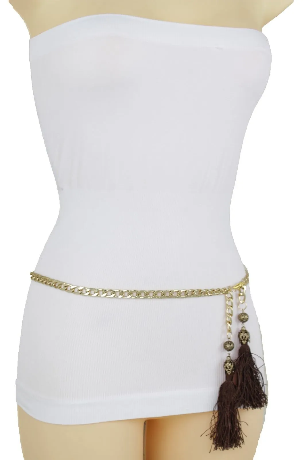 Gold Metal Chain Skinny Belt with Beaded Tassels