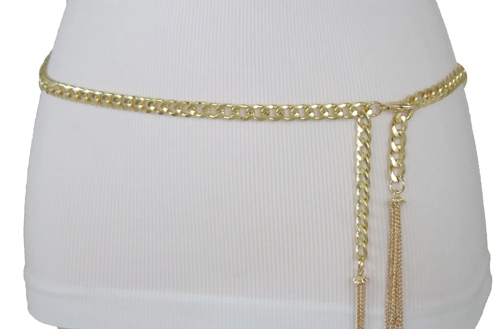 Gold Metal Chain Skinny Belt with Beaded Tassels