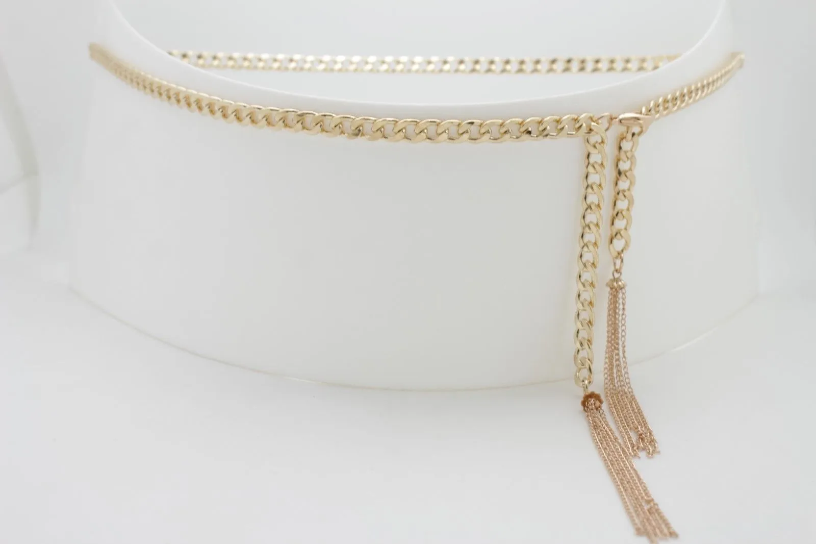 Gold Metal Chain Skinny Belt with Beaded Tassels