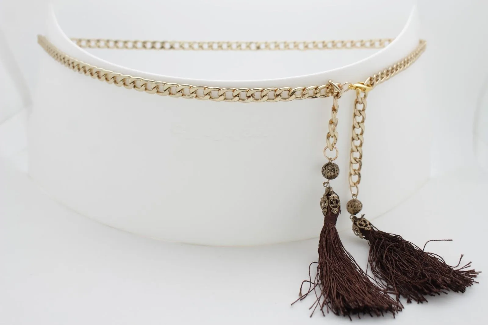 Gold Metal Chain Skinny Belt with Beaded Tassels