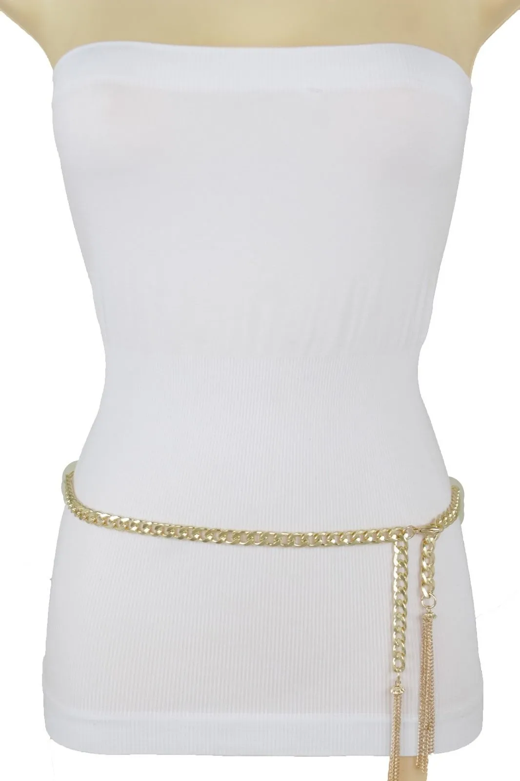 Gold Metal Chain Skinny Belt with Beaded Tassels