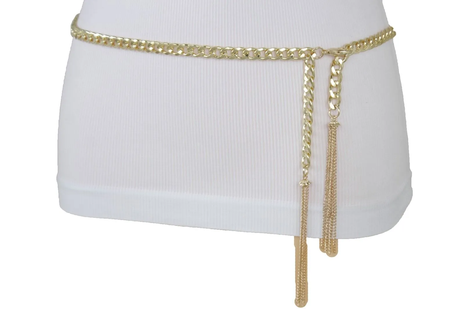 Gold Metal Chain Skinny Belt with Beaded Tassels