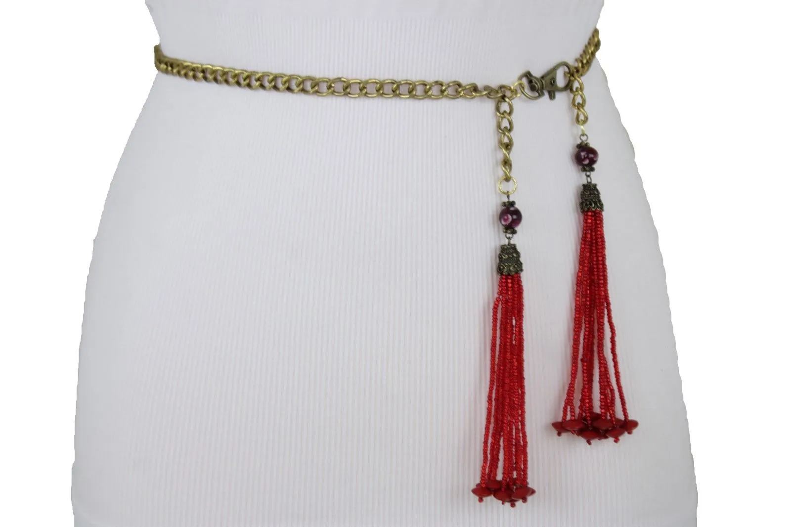 Gold Metal Chain Skinny Belt with Beaded Tassels
