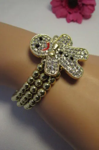 Gold Metal Chains Beads Bracelet Rhinestones Gingerbread Man