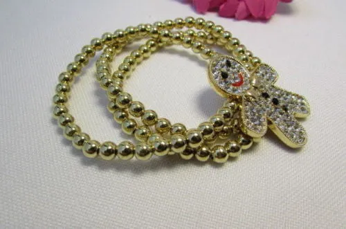 Gold Metal Chains Beads Bracelet Rhinestones Gingerbread Man