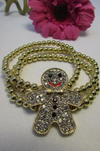 Gold Metal Chains Beads Bracelet Rhinestones Gingerbread Man