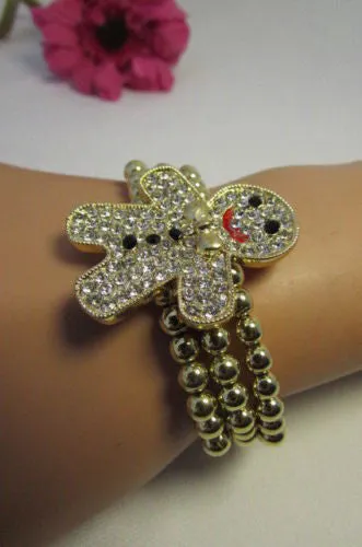 Gold Metal Chains Beads Bracelet Rhinestones Gingerbread Man