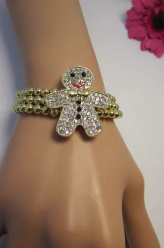 Gold Metal Chains Beads Bracelet Rhinestones Gingerbread Man