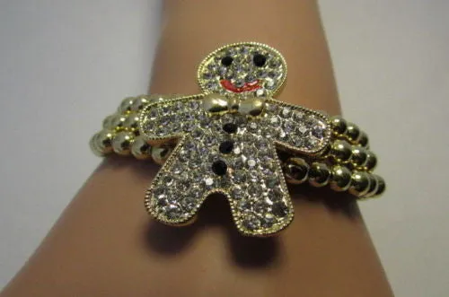 Gold Metal Chains Beads Bracelet Rhinestones Gingerbread Man