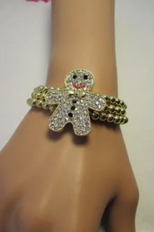 Gold Metal Chains Beads Bracelet Rhinestones Gingerbread Man
