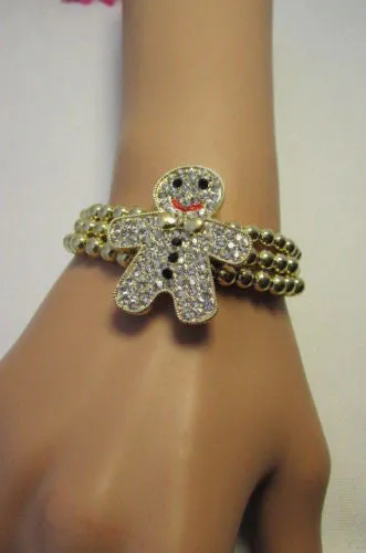 Gold Metal Chains Beads Bracelet Rhinestones Gingerbread Man