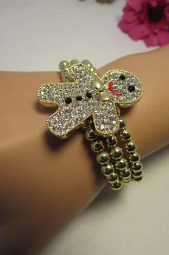Gold Metal Chains Beads Bracelet Rhinestones Gingerbread Man