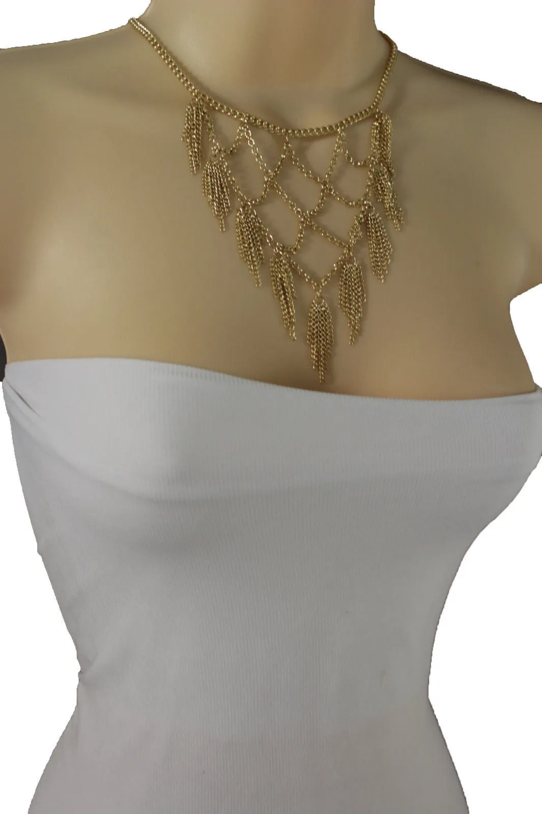 Gold Metal Chains Fringes Tassel Stylish Short Necklace