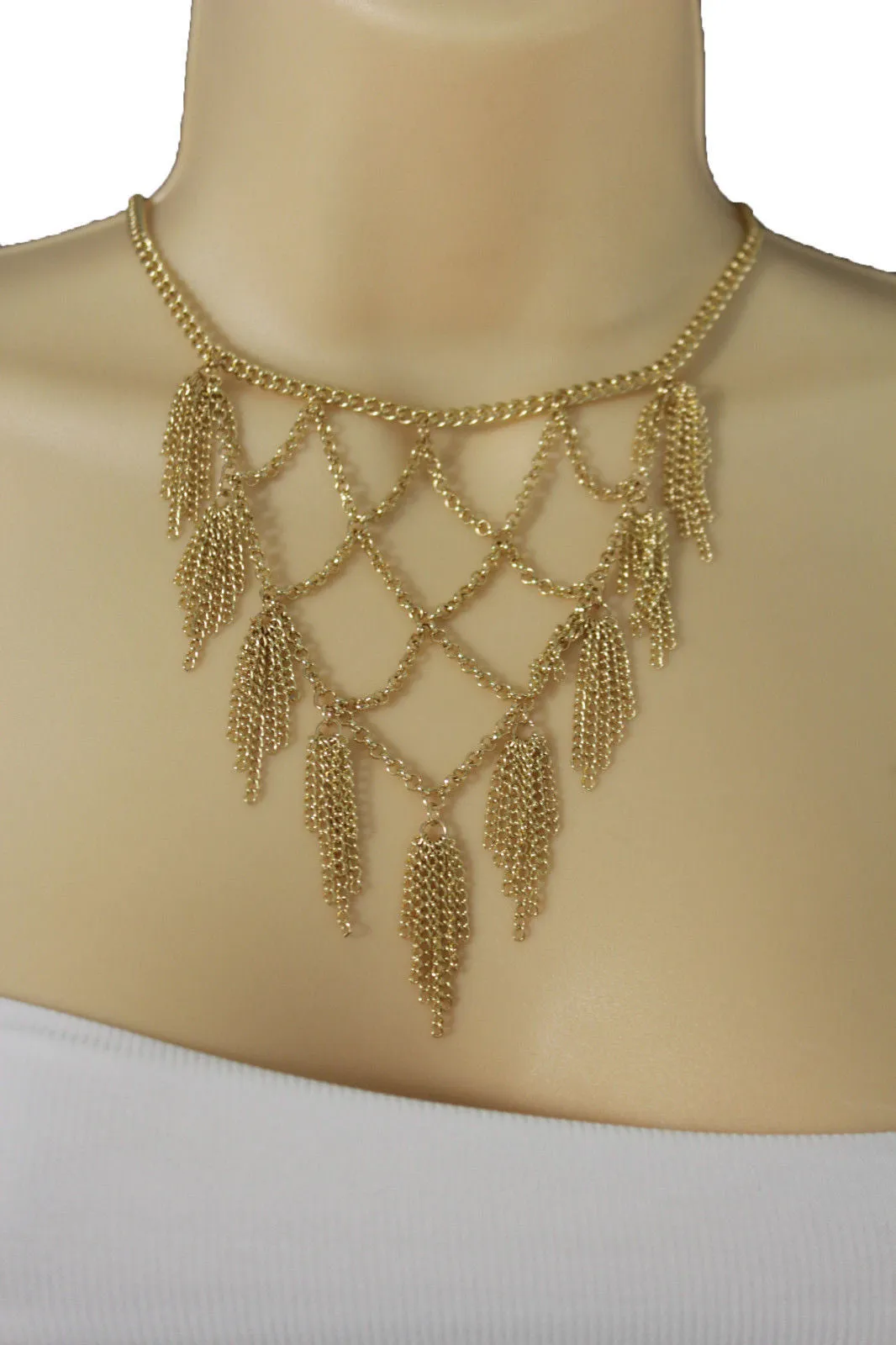Gold Metal Chains Fringes Tassel Stylish Short Necklace