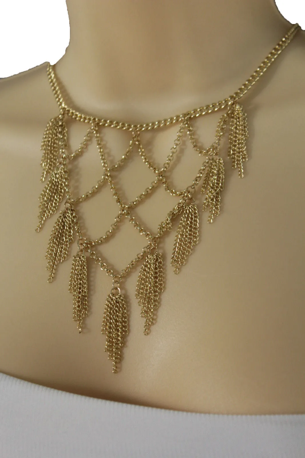 Gold Metal Chains Fringes Tassel Stylish Short Necklace