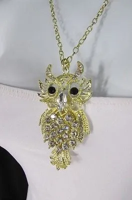 Gold Metal Chains Gold Big Owl Silver Rhinestone 26" Necklace