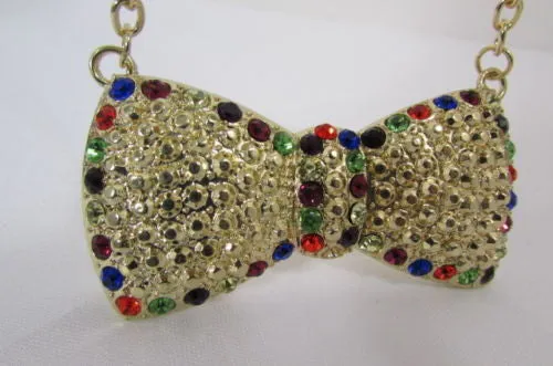 Gold Metal Chains Ribbon Bow Multicolor Rhinestones Short Necklace