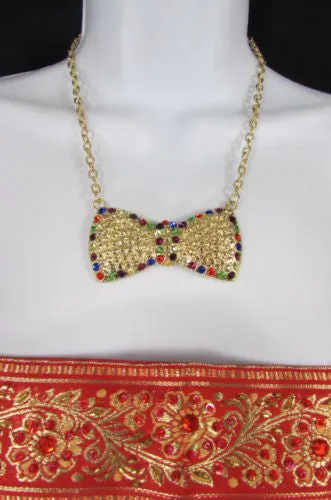 Gold Metal Chains Ribbon Bow Multicolor Rhinestones Short Necklace