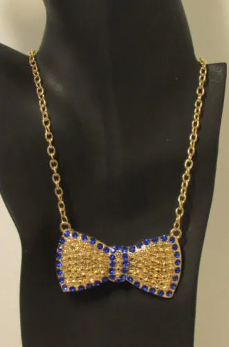 Gold Metal Chains Ribbon Bow Multicolor Rhinestones Short Necklace