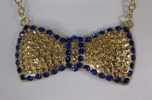 Gold Metal Chains Ribbon Bow Multicolor Rhinestones Short Necklace