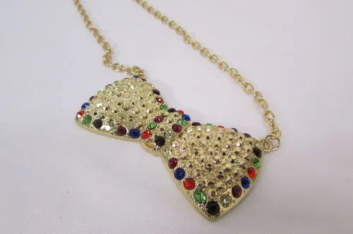 Gold Metal Chains Ribbon Bow Multicolor Rhinestones Short Necklace