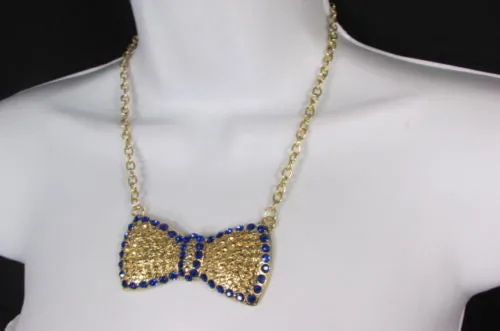 Gold Metal Chains Ribbon Bow Multicolor Rhinestones Short Necklace