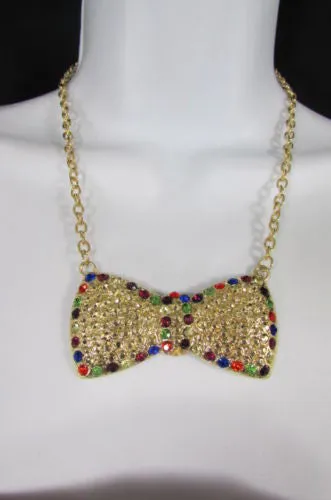 Gold Metal Chains Ribbon Bow Multicolor Rhinestones Short Necklace
