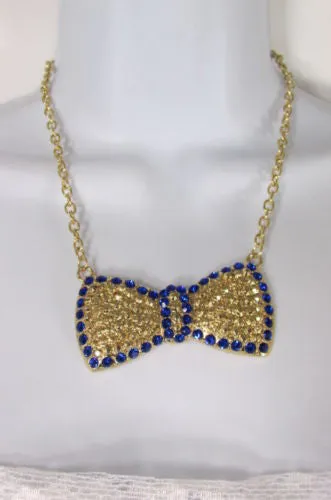Gold Metal Chains Ribbon Bow Multicolor Rhinestones Short Necklace