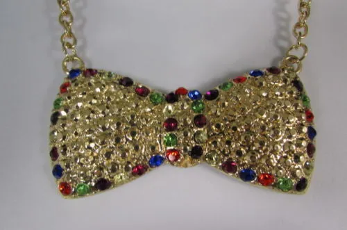 Gold Metal Chains Ribbon Bow Multicolor Rhinestones Short Necklace