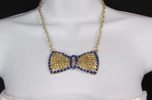 Gold Metal Chains Ribbon Bow Multicolor Rhinestones Short Necklace