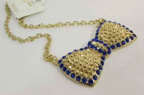 Gold Metal Chains Ribbon Bow Multicolor Rhinestones Short Necklace