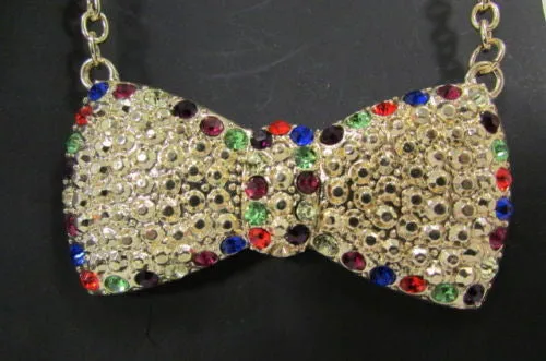 Gold Metal Chains Ribbon Bow Multicolor Rhinestones Short Necklace