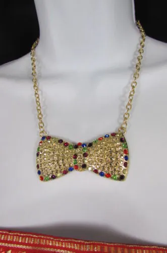 Gold Metal Chains Ribbon Bow Multicolor Rhinestones Short Necklace