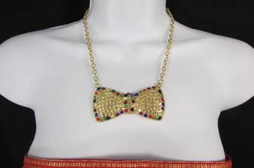Gold Metal Chains Ribbon Bow Multicolor Rhinestones Short Necklace