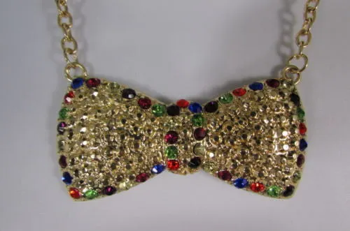 Gold Metal Chains Ribbon Bow Multicolor Rhinestones Short Necklace