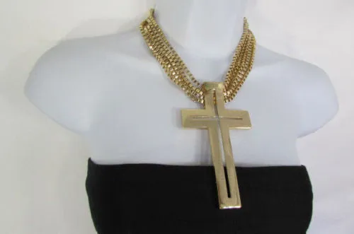 Gold Metal Dangle Chain Links Choker Necklace Large Cross