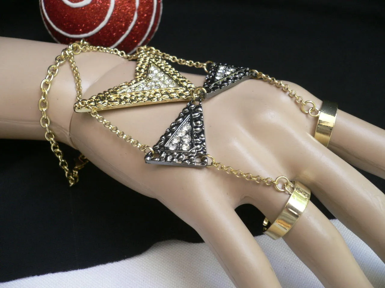 Gold Metal Hand Chain Bracelet Geometric Arrow Bow Black Rhinestone Women Trendy