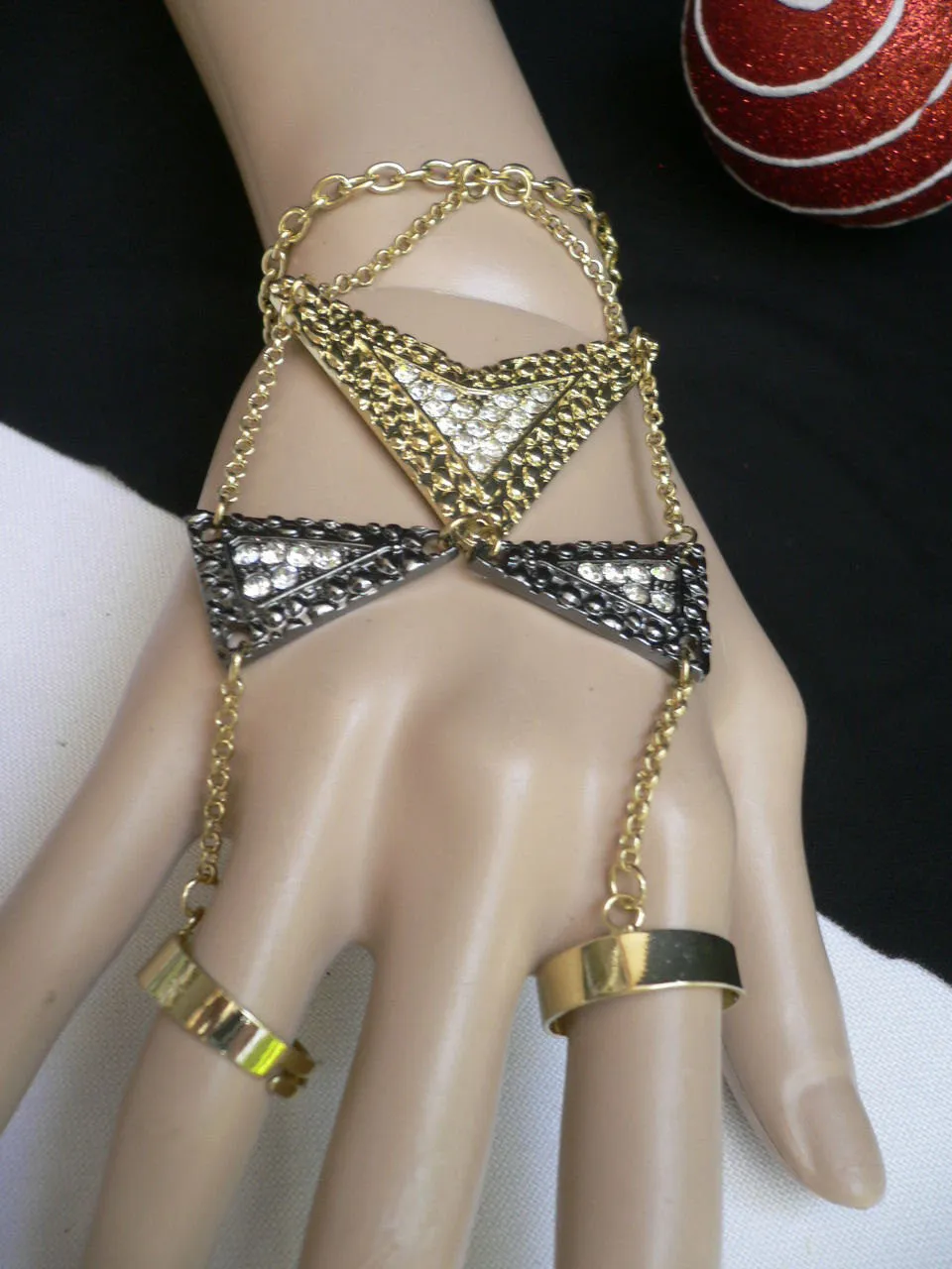 Gold Metal Hand Chain Bracelet Geometric Arrow Bow Black Rhinestone Women Trendy