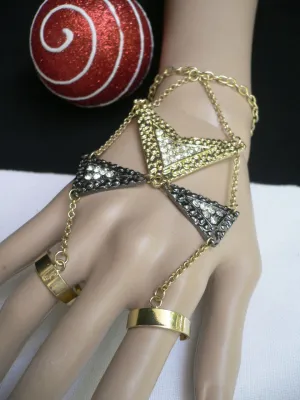 Gold Metal Hand Chain Bracelet Geometric Arrow Bow Black Rhinestone Women Trendy