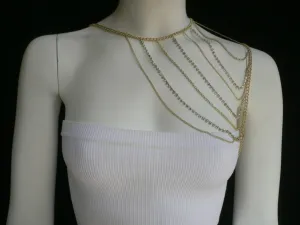 Gold Metal Long Chain Clear Rhinestones One Side Shoulders Body Chain Necklace