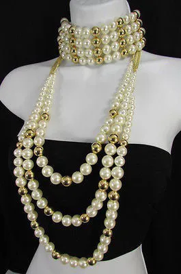 Gold Metal Multi Pearl Beads 3 Strands Chains Choker Necklace