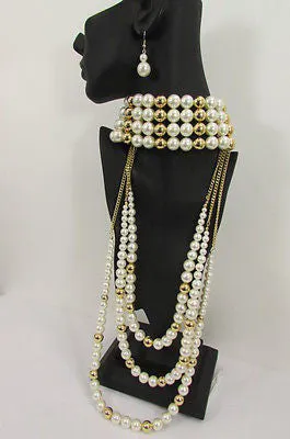 Gold Metal Multi Pearl Beads 3 Strands Chains Choker Necklace