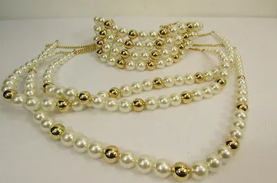 Gold Metal Multi Pearl Beads 3 Strands Chains Choker Necklace