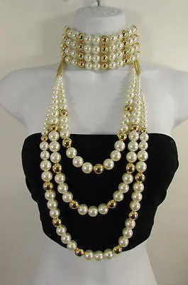Gold Metal Multi Pearl Beads 3 Strands Chains Choker Necklace